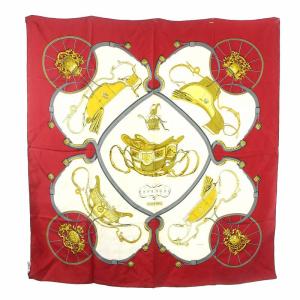 カレ90 SPRINGS スカーフ 大判 馬車柄 総柄 絹 シルク 赤 レッド マルチカラー