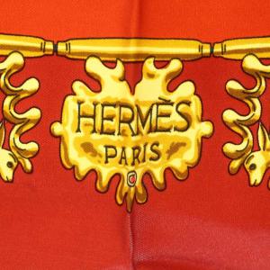 HERMES カレ90 LES CAVALIERS D'OR 黄金の騎士 スカーフ ストール 総柄 絹 シルク 赤 レッド 黄 イエロー