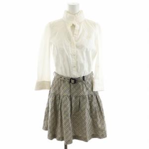 ワンピース 長袖 ミニ丈 切替 フリル ベルト付き ノバチェック 36 S 白 ホワイト ベージュ GY18