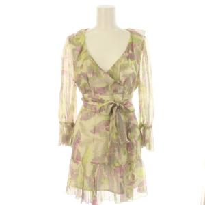 チュニック シースルー 七分丈 Vネック 総柄 絹 シルク 38 M 緑 グリーン