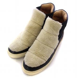 LANVIN サイドゴア ボア スニーカー シューズ ファーモチーフ ハイカット フェイクレザー 23.0cm 黒 ブラック 白 ホワイト