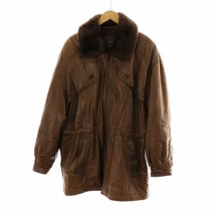 レザーコート 革ジャン 襟ラムファー ロング 長袖 ネーム刺繍入り 裏地総柄 50 茶 ブラウン GY18