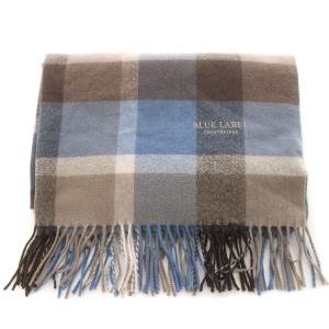 BLUE LABEL CRESTBRIDGE マフラー カシミヤ ロゴ刺繍 チェック フリンジ 青 ブルー グレー