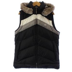 ロゴ刺繍ファー付きジップアップダウンベスト フード付き ラビットファー 裏地チェック柄 M 黒 ブラック BMP66-512-09
