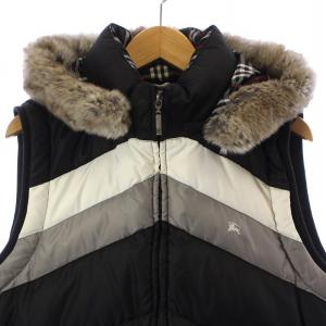 BURBERRY BLACK LABEL ロゴ刺繍ファー付きジップアップダウンベスト フード付き ラビットファー 裏地チェック柄 M 黒 ブラック BMP66-512-09
