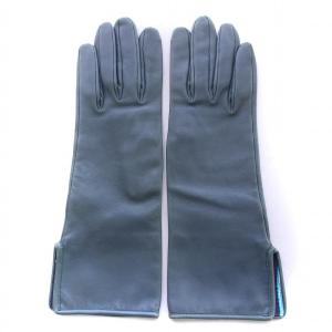 手袋 レザー グローブ 五本指 裏地スカーフ 総柄 動物 絹 シルク 7.5 青 緑 ターコイズグリーン