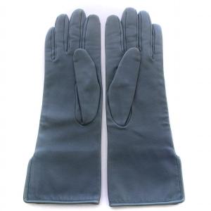 HERMES 手袋 レザー グローブ 五本指 裏地スカーフ 総柄 動物 絹 シルク 7.5 青 緑 ターコイズグリーン