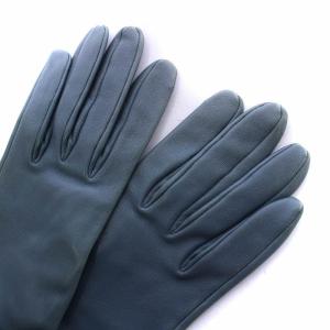 HERMES 手袋 レザー グローブ 五本指 裏地スカーフ 総柄 動物 絹 シルク 7.5 青 緑 ターコイズグリーン