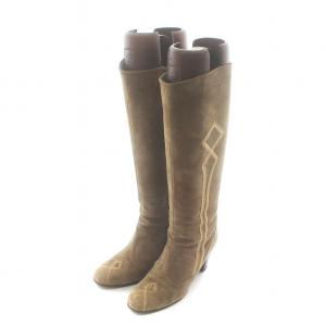 HERMES ロングブーツ ラウンドトゥ スエード 刺繍 チャンキヒール サイドファスナー ロゴ 37 24cm 茶 ブラウン GY18