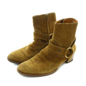 SAINT LAURENT PARIS ショートブーツ スエード ラウンドトゥ チャンキーヒール ワイアットハーネスリング 41 ブラウン