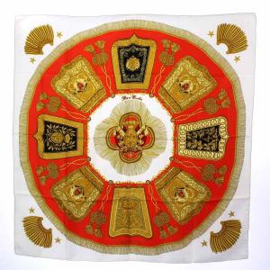 カレ90 スカーフ 大判 サーベル飾り袋 Poste et Cavalerie 総柄 絹 シルク 赤 レッド 白 ホワイト