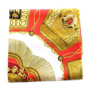 HERMES カレ90 スカーフ 大判 サーベル飾り袋 Poste et Cavalerie 総柄 絹 シルク 赤 レッド 白 ホワイト