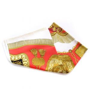 HERMES カレ90 スカーフ 大判 サーベル飾り袋 Poste et Cavalerie 総柄 絹 シルク 赤 レッド 白 ホワイト