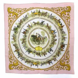 カレ90 スカーフ 大判 LA PROMENADE DE LONGCHAMPS ロンシャンへの散歩 馬車 総柄 絹 シルク