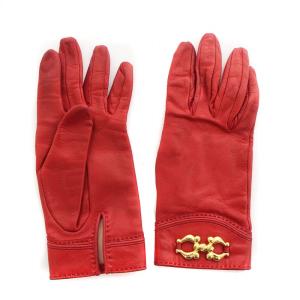 HERMES フランス製 手袋 グローブ レザー ゴールド金具 6 1/2 6.5 赤 レッド GY18