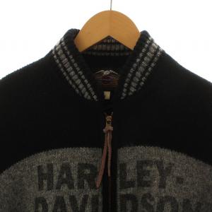HARLEY DAVIDSON ニットジャケット ブルゾン ジップアップ ロゴ ウール 長袖 裏地キルティング M 黒 ブラック グレー GY22