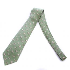 HERMES ネクタイ ワイドタイ 馬 ホース 総柄 絹 シルク 緑 グリーン