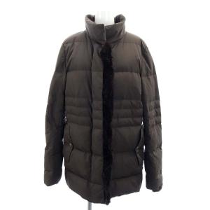 ダウンコート アウター ミドル丈 裏地ノバチェック ロゴボタン ラビットファー付 42 ダークブラウン