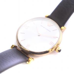 EMPORIO ARMANI 腕時計 クォーツ ローマン アナログ 白文字盤 ロゴ レザーベルト ゴールドカラー 黒 ブラック