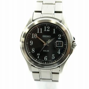 SEIKO 腕時計 ウォッチ ソーラー クォーツ ベルト付属 ロゴ デイト カレンダー付き 黒文字盤 シルバー色 GY11