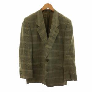 テーラードジャケット ノーベント シングル チェック柄 総裏地 48 L カーキ 茶 ブラウン GY18