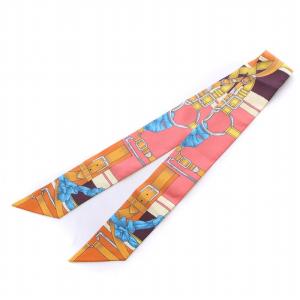 HERMES ツイリー GRAND MANEGE 大調教術 スカーフ 絹 シルク ベルト柄 総柄 オレンジ ピンク