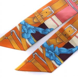HERMES ツイリー GRAND MANEGE 大調教術 スカーフ 絹 シルク ベルト柄 総柄 オレンジ ピンク