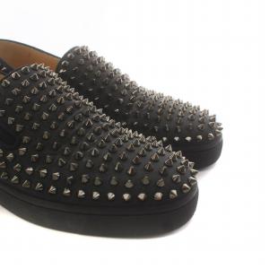Christian Louboutin スリッポン フラットシューズ ラウンドトゥ スタッズ ラメ 39.5 24.5cm 黒 ブラック GY27