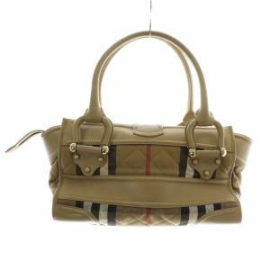 BURBERRY PRORSUM ボストンバッグ 牛革 ジャガード ノバチェック キルティング ロゴ 南京錠 ベージュ