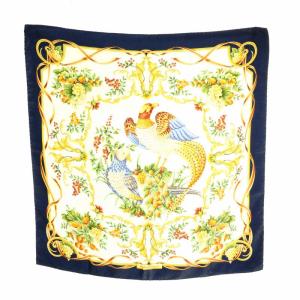 スカーフ シルク 孔雀 植物 鳥 木の実 ロゴ 総柄 マルチカラー