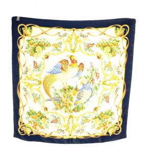 Salvatore Ferragamo スカーフ シルク 孔雀 植物 鳥 木の実 ロゴ 総柄 マルチカラー