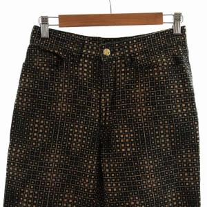 FENDI ヴィンテージ テーパードパンツ スラックス ボタンフライ 総柄 ロゴ 金ボタン 40 L 黒 ブラック 茶 ブラウン