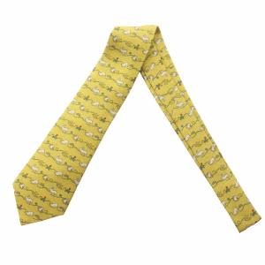 HERMES ネクタイ レギュラータイ うさぎ ラビット 動物 総柄 絹 シルク 黄 イエロー 7689