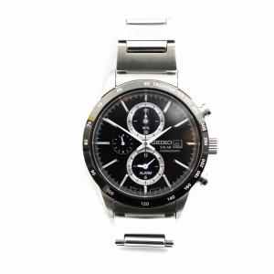 SEIKO ジャンク品 腕時計 ウォッチ ソーラー デイト クロノグラフ ロゴ 黒文字盤 シルバー色 V172-0AP0  GY18
