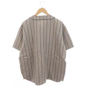 HOUSTON HEMP STRIPE WIDE BASEBALL SH ベースボールシャツ 半袖 Vネック リネン XL グレージュ 紺