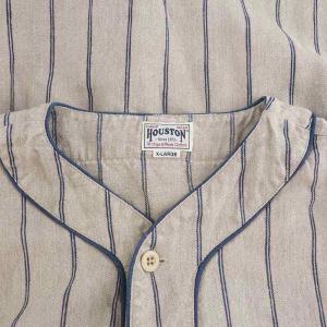 HOUSTON HEMP STRIPE WIDE BASEBALL SH ベースボールシャツ 半袖 Vネック リネン XL グレージュ 紺