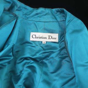 Christian Dior ヴィンテージショールカラーベロアコート アウター ロング 肩パッド 総裏地 シルク混 9 黒 ブラック ターコイズブルー