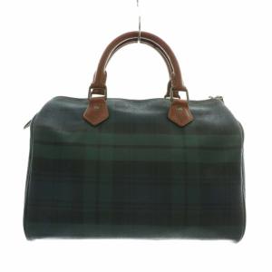 POLO RALPH LAUREN ボストンバッグ ハンド ミニ PVC レザー ブラックウォッチ ロゴプレート ゴールド金具 緑 グリーン 茶色 ブラウン