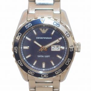 EMPORIO ARMANI 腕時計 ウォッチ クォーツ デイト 10ATM 330FT 防水 3針 シルバー色 文字盤紺 ネイビー AR-6048