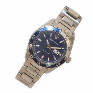 EMPORIO ARMANI 腕時計 ウォッチ クォーツ デイト 10ATM 330FT 防水 3針 シルバー色 文字盤紺 ネイビー AR-6048