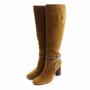 GUCCI ロングブーツ スエード ベルト ラウンドトゥ チャンキーヒール バックル ロゴ 36 23cm 茶 ブラウン GY17