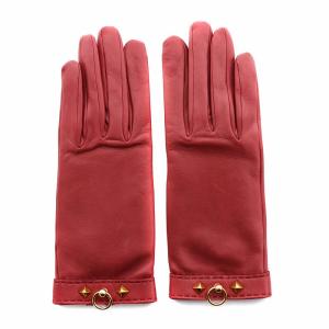 HERMES 手袋 グローブ ラムレザー 羊革 スタッズ 絹 シルク S 赤 レッド ボルドー GY17