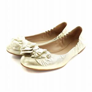 バレエシューズ パンプス フラット フラワー コサージュ ロゴ レザー 6.5 23.5cm ゴールド色 GY12