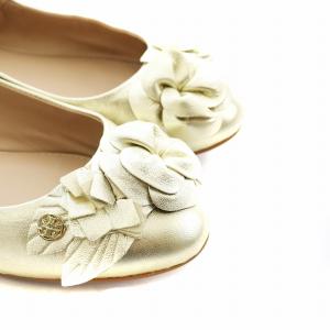 TORY BURCH バレエシューズ パンプス フラット フラワー コサージュ ロゴ レザー 6.5 23.5cm ゴールド色 GY12