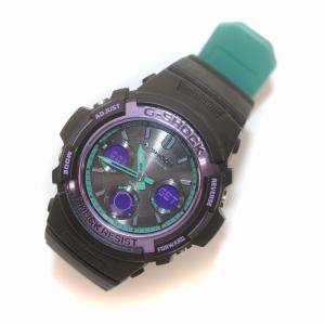 CASIO G-SHOCK 腕時計 ウォッチ 電波 ソーラー アナデジ LEDライト 20気圧防水 黒 ブラック 紫 パープル AWG-M100SBL