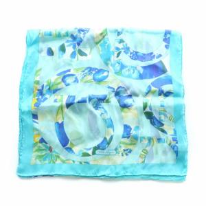 Salvatore Ferragamo ストール シルク 薄手 ガンチーニ フラワーモチーフ ロゴ 総柄 青 ブルー ライトブルー