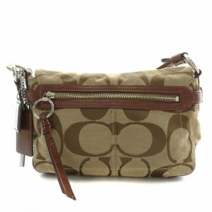 COACH ショルダーバッグ キャンバス レザー シグネチャー ロゴ 総柄 ターンロック 茶色 ブラウン F17798