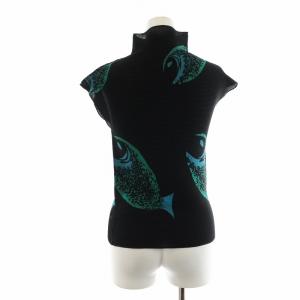 me ISSEY MIYAKE プリーツカットソー ハイネック ストレッチ フレンチスリーブ フィッシュプリント 総柄 F 黒 ブラック GY18