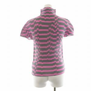 me ISSEY MIYAKE プリーツ カットソー 半袖 ハイネック ストレッチ 総柄 ボーダー F ピンク グレー GY18