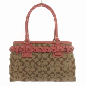 COACH ハンドバック シグネチャー ハンプトンズ キャリーオール タッセル キャンバス レザー 茶 ブラウン ピンク F13065